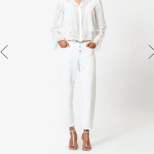 Jordanache Highrise White Straight Leg Exposed Button Cropped Jeans